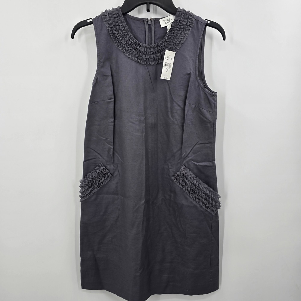 Ann Taylor Loft Gray Ruffle Neck Sleeveless Cotton Shift Dress Size 2 NEW